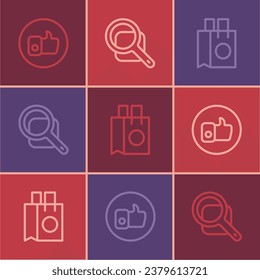 Set line Hand like, Paper shopping bag and Magnifying glass icon. Vector