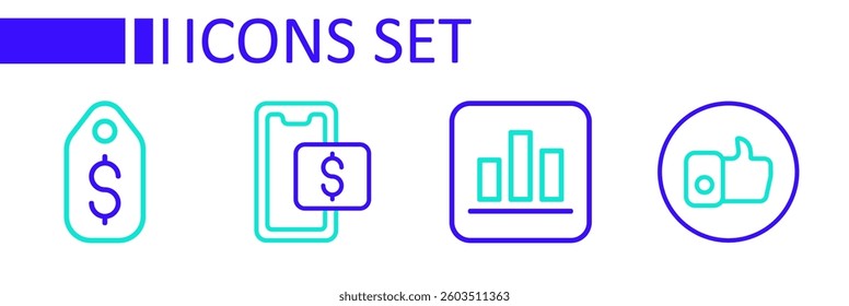 Set line Hand like, Pie chart infographic, Mobile shopping and Price tag with dollar icon. Vector