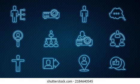 Set line Hand like, Project team base, Head hunting, Hierarchy organogram chart, Search people, User of man business suit, Media projector and  icon. Vector