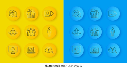 Establecer línea como Mano, base del equipo del proyecto, grupo Usuarios, signo de interrogación, caza de cabezas, líder del equipo e icono. Vector