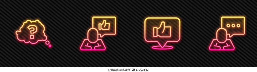 Set line Hand like, Question mark,  and Speech bubble chat. Glowing neon icon. Vector