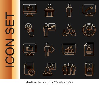 Set line Hand like, Resume, Project team base, Head hunting, Team leader,  and  icon. Vector