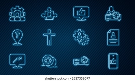 Set line Hand like, Resume, Head hunting, Question mark, Project team base,  and  icon. Vector