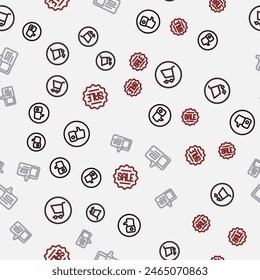Set line Hand like, Shopping cart, Identification badge and Price tag with Sale on seamless pattern. Vector