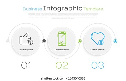 Set line Hand like, Smartphone, mobile phone and Like and heart. Business infographic template. Vector