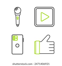 Fijar línea Mano como, Smartphone, teléfono móvil, Jugar en cuadrado y Micrófono icono. Vector