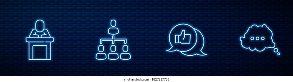 Set line Hand like, Speaker, Hierarchy organogram chart and Speech bubble chat. Glowing neon icon on brick wall. Vector