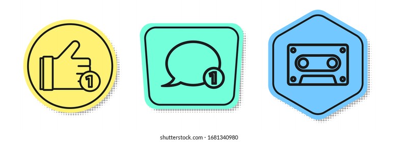 Set line Hand like, Speech bubble chat and Retro audio cassette tape. Colored shapes. Vector