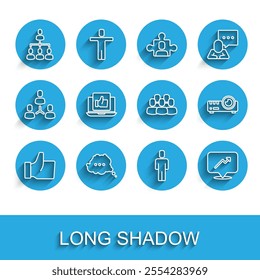 Set line Hand like, Speech bubble chat, Hierarchy organogram chart, Head hunting, Graph, schedule,, Media projector and Project team base icon. Vector