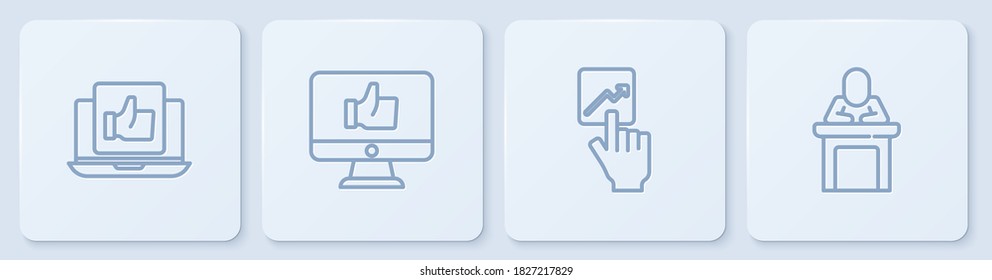 Set line Hand like, Team leader,  and Speaker. White square button. Vector