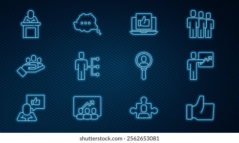 Set line Hand like, Team leader, User of man in business suit, for search people, Speaker, Search and Speech bubble chat icon. Vector