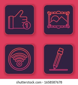 Establecer línea como Mano, red inalámbrica Wi-Fi Internet, paisaje de imagen y lápiz con borrador. Botón cuadrado azul. Vector