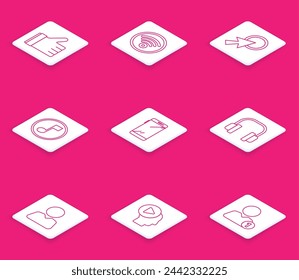 Set line Hand like, Wi-Fi wireless internet network, Arrow cursor, Music note, tone, Smartphone, mobile phone, Headphones, Add friend and people with play button icon. Vector