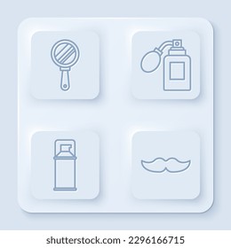 Set line Hand mirror, Aftershave bottle with atomizer, Shaving gel foam and Mustache. White square button. Vector