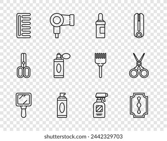 Set line Hand mirror, Blade razor, Beard mustaches care oil bottle, Shaving gel foam, Hairbrush, Aftershave with atomizer, Hairdresser pistol spray and Scissors hairdresser icon. Vector