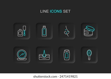 Set line Hand mirror, Bottle of shampoo, Human hair follicle, Makeup powder with, Cream lotion cosmetic tube, Acne,  and nail polish icon. Vector