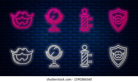 Set line Hand mirror, Classic Barber shop pole, Mustache and beard and Mustache and beard on shield. Glowing neon icon on brick wall. Vector