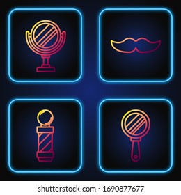 Set line Hand mirror, Classic Barber shop pole, Round makeup mirror and Mustache. Gradient color icons. Vector
