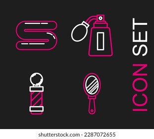 Set line Hand mirror, Classic Barber shop pole, Aftershave bottle with atomizer and Towel icon. Vector