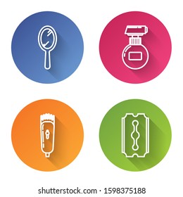 Set line Hand mirror, Cream or lotion cosmetic tube, Electrical hair clipper or shaver and Blade razor. Color circle button. Vector
