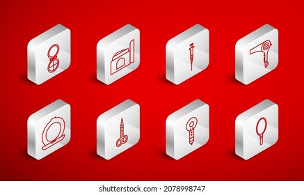 Set line Hand mirror, Cream cosmetic tube, Syringe, Hair dryer, Makeup powder with, Scissors and  icon. Vector
