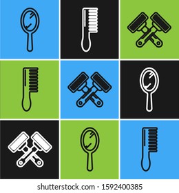Set line Hand mirror, Crossed shaving razor and Hairbrush icon. Vector