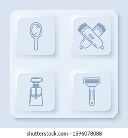 Set line Hand mirror, Crossed electrical hair clipper or shaver, Cream or lotion cosmetic tube and Shaving razor. White square button. Vector