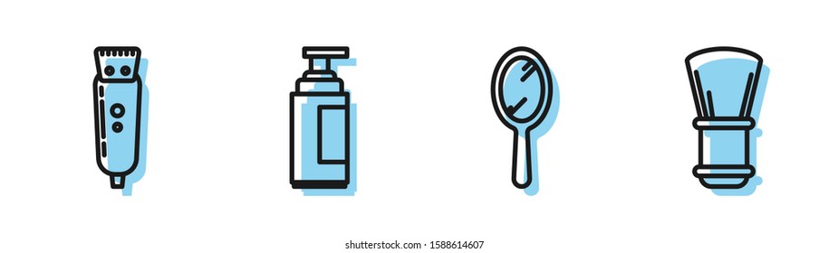 Set line Hand mirror, Electrical hair clipper or shaver, Cream or lotion cosmetic tube and Shaving brush icon. Vector
