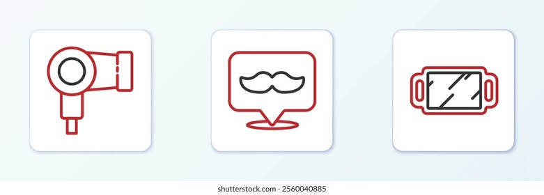 Set line Hand mirror, Hair dryer and Barbershop icon. Vector