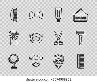 Set line Hand mirror, Hairbrush, Cream lotion cosmetic tube, Mustache beard, shield and Shaving razor icon. Vector