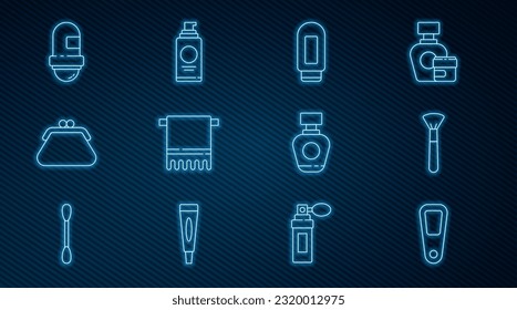Set-Line-Handspiegel, Make-up-Bürste, Creme Lotion Kosmetische Tube, Handtuchhalter, Kupplungsbeutel, Deodorant-Drossel, Parfüm- und Spray-Dose für Haarspray Symbol. Vektorgrafik