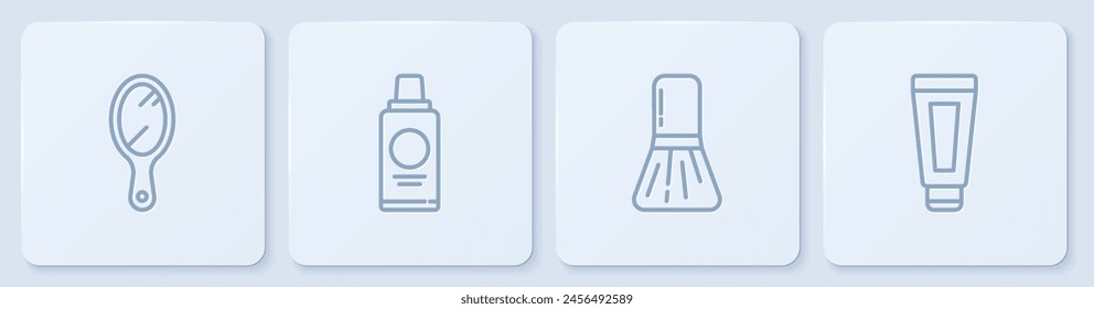 Set line Hand mirror, Makeup brush, Bottle of shampoo and Cream lotion cosmetic tube. White square button. Vector