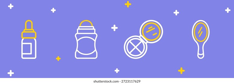 Espejo de mano, maquillaje en polvo con desodorante, rollo e icono de botella de aceite esencial. Vector