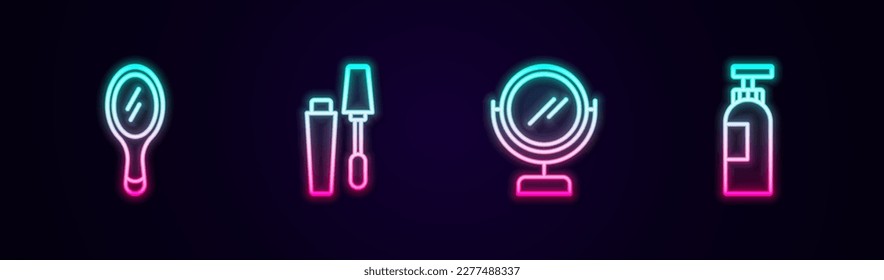 Espejo de mano, cepillo de mascara, maquillaje redondo y botella de champú. Icono de neón brillante. Vector