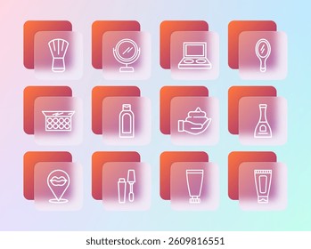 Set line Hand mirror, Mascara brush, Shaving foam on hand, Cream lotion cosmetic tube, Bottle of shampoo, Eye shadow palette with, Makeup and Round makeup icon. Vector