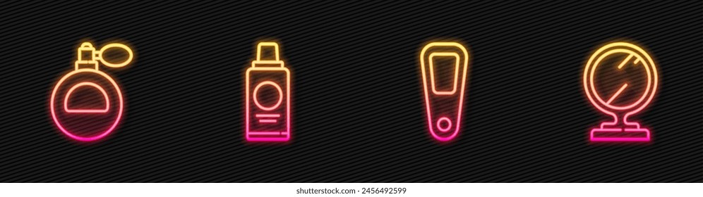 Set line Hand mirror, Perfume, Bottle of shampoo and Round makeup. Glowing neon icon. Vector