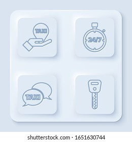 Linie Hand auf Karte Zeiger mit Taxi, Stopp Uhr 24 Stunden, Taxi-Telefondienst und Autoschlüssel. Weißer Quadrat-Knopf. Vektorillustration