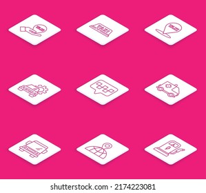 Set line Hand on map pointer with taxi, Taxi car roof, Map, Car service, Ambulance emergency,  and Location the globe icon. Vector