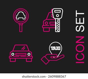 Set line Hand on map pointer with taxi, Car, rental and Magnifying glass car icon. Vector