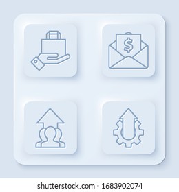 Set line Hand and paper shopping bag, Envelope with coin dollar, Growth chart and progress in people crowd and Arrow growth gear business. White square button. Vector