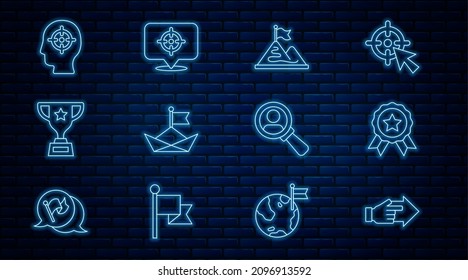 Set line Hand with pointing finger, Medal, Mountains flag, Folded paper boat, Award cup, Head hunting, Magnifying glass for search and Target icon. Vector