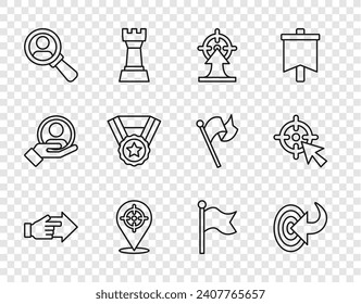 Set line Hand with pointing finger, Target, Magnifying glass for search, Medal, Flag and  icon. Vector