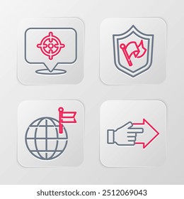 Establecer línea Mano con el dedo que apunta, bandera del planeta, escudo e icono de destino. Vector