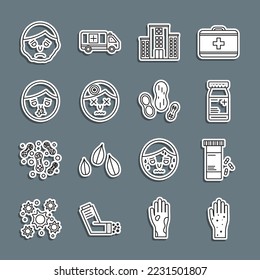 Set line Hand with psoriasis or eczema, Medicine bottle pills, Medical hospital building, Man having headache, Runny nose, Inflammation on face and Peanut icon. Vector