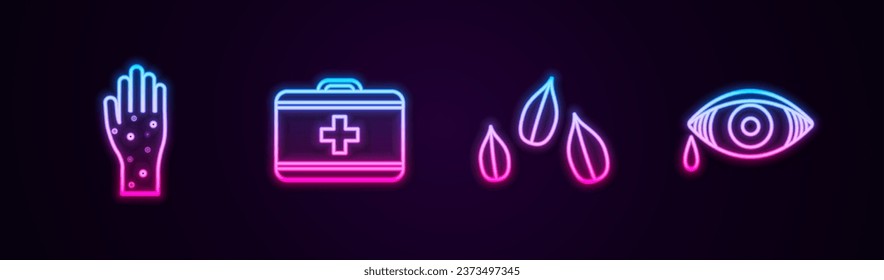 Set line Hand with psoriasis or eczema, First aid kit, Sesame seeds and Reddish eye allergic conjunctivitis. Glowing neon icon. Vector