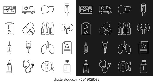 Set line Hand sanitizer bottle, Clinical record, Human kidneys, organ liver, Medicine pill tablet, X-ray shots, Monitor with cardiogram and Medical vial, ampoule icon. Vector