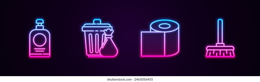 Botella desinfectante de la mano, bolsa de basura de la papelera, rollo de papel higiénico y escoba de la manija. Icono de neón brillante. Vector