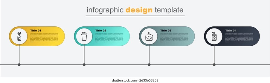 Set line Botella desinfectante de manos, Perfume, Cubo con espuma de jabón y Spray de limpieza. Plantilla de infografía de negocios. Vector