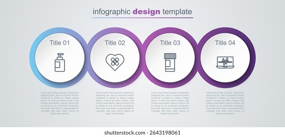 Set line Hand sanitizer bottle, Healed broken heart, Medicine pills and Laptop with cardiogram. Business infographic template. Vector