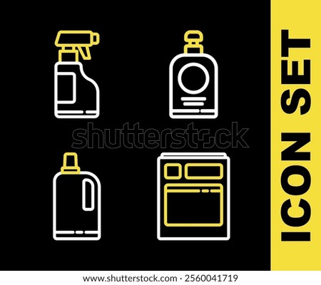 Set line Hand sanitizer bottle, Kitchen dishwasher machine, Fabric softener and Spray with detergent liquid icon. Vector